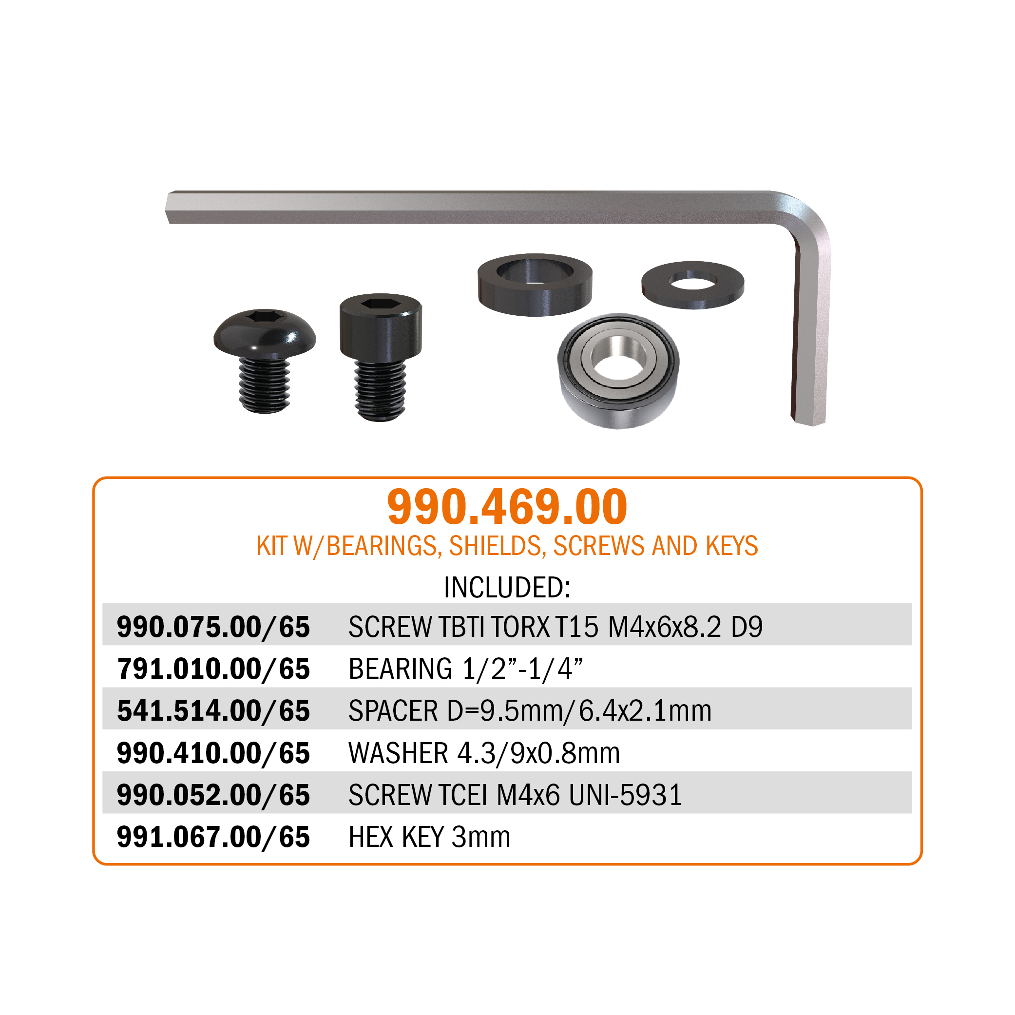 990.4 - Kit mit Beilagscheiben, Schrauben, Schlüsseln und Distanzringen