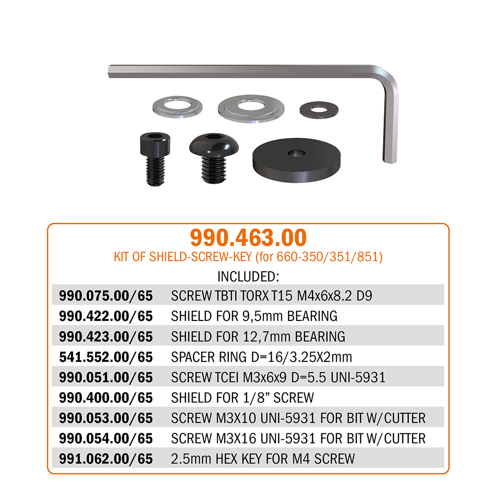 990.4 - Kit mit Beilagscheiben, Schrauben, Schlüsseln und Distanzringen